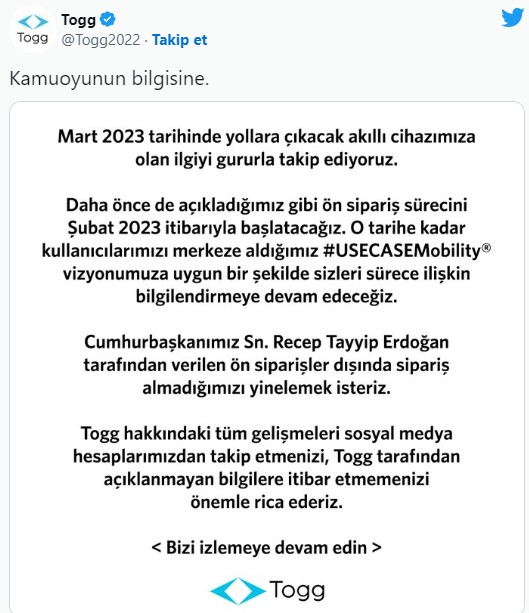 Togg için ön sipariş tarihi resmen duyuruldu